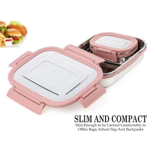 Image of BLLUEX Stainless Steel Tiffin Lunch Box with 4 Side Silicone Sleeve Clip Lock Lid, Food Storage Containers, Leak-Proof Bento Box Ideal for Work, School & Travel, 2 Containers (750ml and 250ml) - Pink