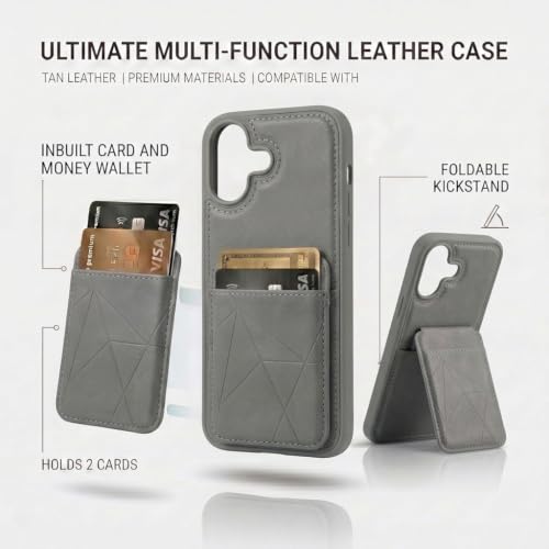 Image of amazon basics Premium Vegan Leather Back Cover with Card Holder and Integrated Mobile Stand for iPhone 17 - Slim Shockproof Wallet Case with Geometric Stitching [Gray]