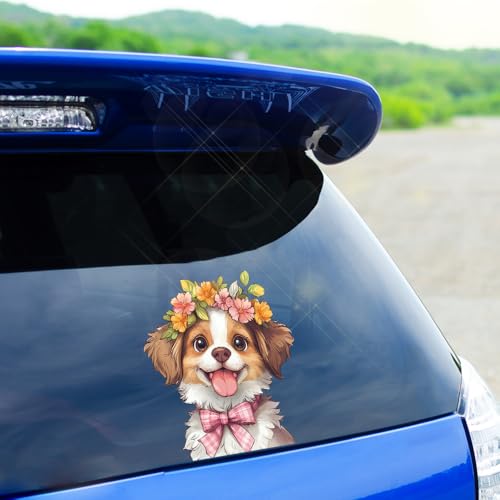 Image of Cute Animal Dog Car Sticker Waterproof PVC Double-Sided Printed Puppy Car Decal Funny Dog Peeking Decal for Car Window Bumper Truck Wall Laptop Car Decor (Flower Dog)