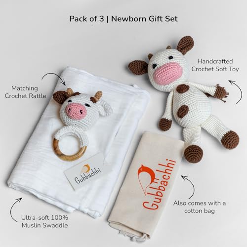 Image of Newborn Gift Set | Crochet Toy, Rattle & Muslin Swaddle Combo | Newborn Gift | Gifting for Babies | 100% Muslin swaddlecloth | Toys for Gifting| 3 Months + (AMBA Toy & Rattle with Swaddle)