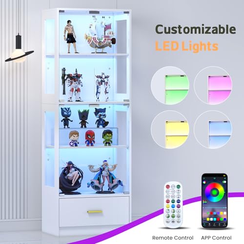 Lamtor Glass Display Cabinet with Doors - Curio Cabinet with Dynamic LED Lights for Collectibles, 67" Display Case with 4 Tier and Drawer for Figure, Toys, Books, White(Narrow)