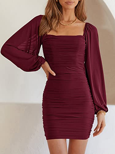 Anrabess Women's Square Neck Mesh Long Sleeve Ruched Bodycon Mini Dress Party Club Cocktail Short Dresses S 642Jiuhong-L Wine Red #TOP1