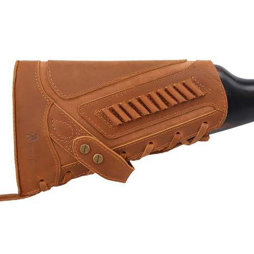 Tas Trost Leather Rifle Recoil Pad Buttstock with Ammo Holder, No Drill Cheek Rest Sleeve for .308 .22LR .45-70 .30-30 (#1 Brown, .22LR .17HMR .22MAG)