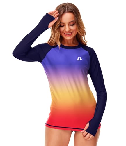 Image of Deerose Womens Gradient Rash Guard UPF 50+ Swim Shirts Surfing Top with Thumb Hole