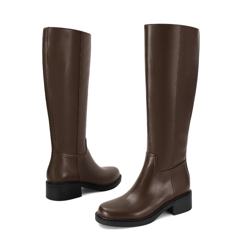 Image of Dsevht Black Knee High Boots for Women Faux Leather Elastic Low Heel Round Square Toe Side Zipper Fall Long Tall Boot