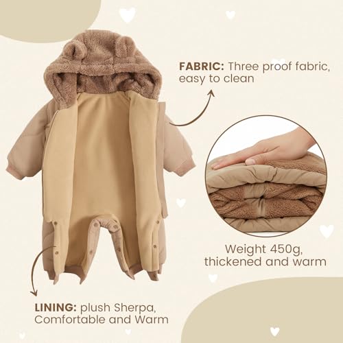 JiAmy Baby Snowsuit Winter Romper Hooded Boys Girls Jumpsuit Bear Thick Windproof Cap Infant Winter Clothes 9-12 Months Brown - image 5