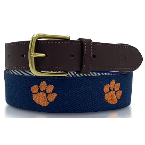 Charleston Belt Mens Canvas Web Belt for Clemson Tigers Navy/Brown Size 36 Cotton Canvas with Genuine Leather Paw Embroidery NCAA Football Solid Brass Buckle