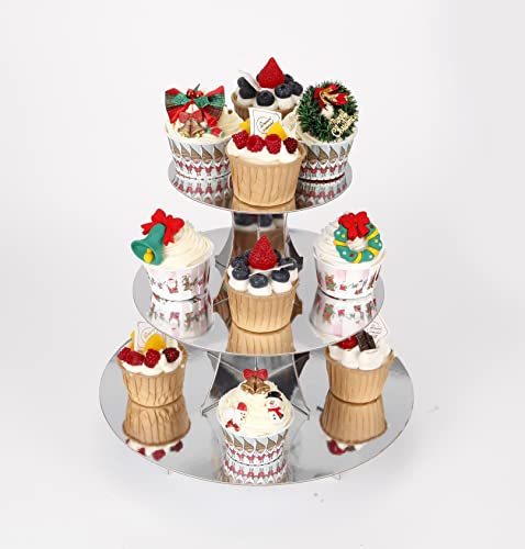 YLDW 3-Tier Cupcake Stand, Sliver Cardboard Cake Stand Holder, Tiered DIY Cupcake Stand Tower for Dessert Table Displays, Birthday Theme Party Favors Decoration, Floral Tea Party, 12