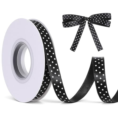 Polka Dot Ribbon 3/8 Inch 25 Yards Black with White Dots