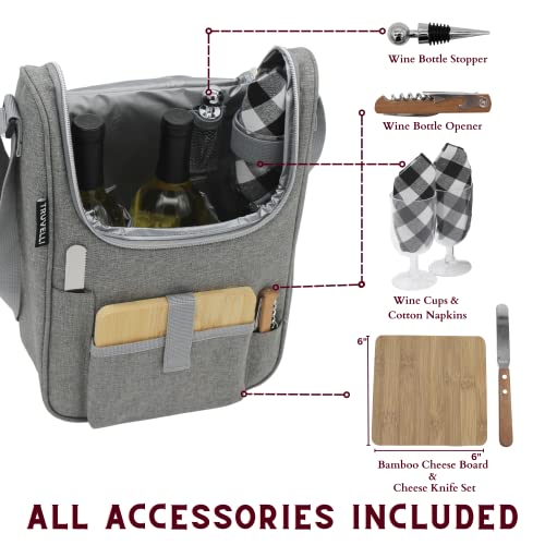 Plush Picnic Premium Wine Bag, Insulated 2 Bottle Wine Carrier Tote, Wine And Cheese Cooler Bag, Great Gifts For Wine Lovers (Heather Grey) #TOP2