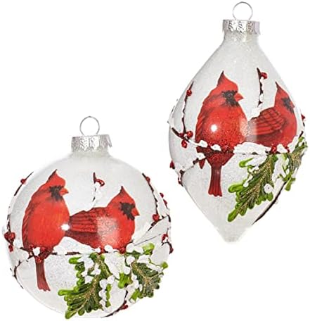 Raz Imports Countryside Christmas Red Cardinal Iced Glass Ornaments Set of 2