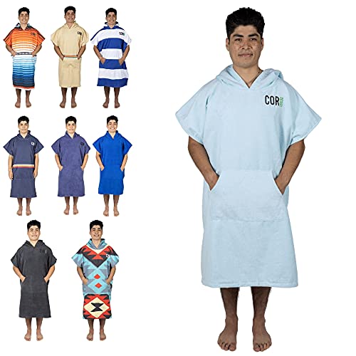 COR Surf Poncho Changing Towel Robe with Hood and Front Pocket | Thick Quick Dry Microfiber Wetsuit Poncho Towel for Surfing Beach Pool Swim (Large, Light Blue)