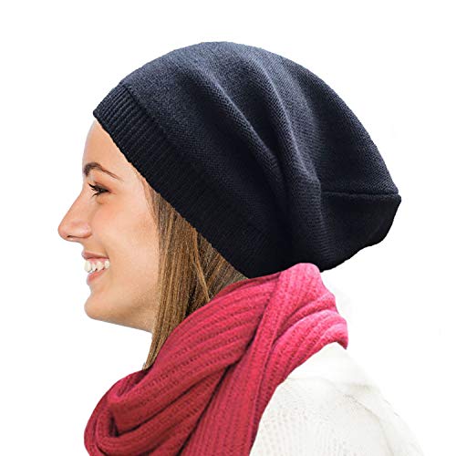 Blueberry Uniforms Merino Wool Slouchy Beanie - Warm Winter Cap - Lightweight Hat - Men and Women Black
