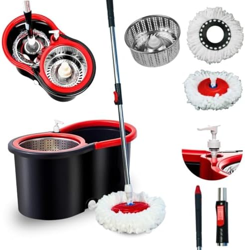 Mop Giratório Vermelho e Preto Com Cesto Em Inox C/2 Refil De Mic...