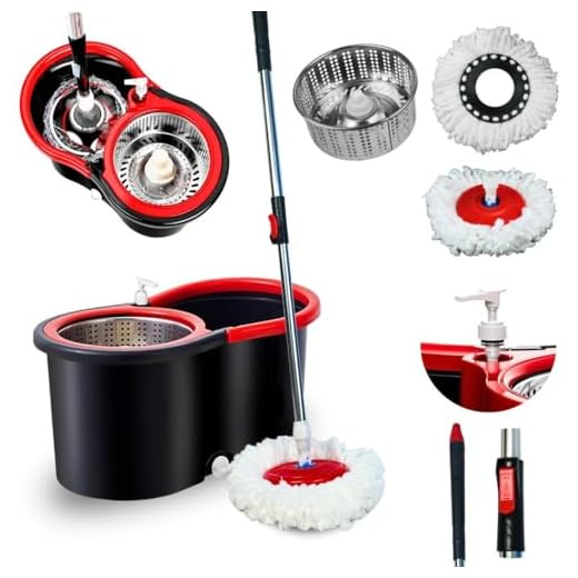 Mop Giratório Vermelho e Preto Com Cesto Em Inox C/2 Refil De Microfibra e Dispenser Para Sabão - Nybc