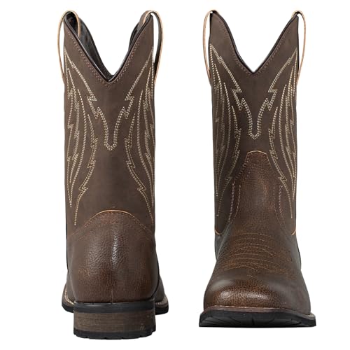 J's.o.l.e Cowboy Boots for Men Western Boots with Wide Square Toe Mid-Calf Boots Classic Embroidered Pull On Slip Resistant Boots Brown2