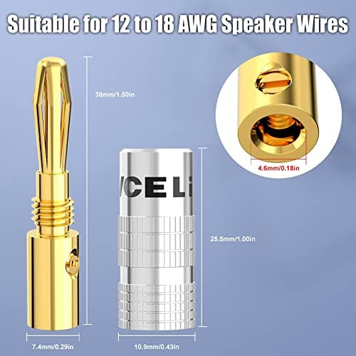 VCELINK Banana Plugs 4 Pairs/8 PCS, Gold Plated 4mm Speaker Connectors for Speaker Wire, Sockets, Amplifier, Dual-Screw Type in Red & Black
