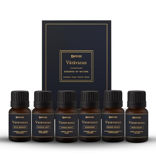 Image of DIFFUZE Essential Oil Set | Vatavaran Collection - Set of 6 x 15 ml Aroma Oil Gift Box | Premium Fragrance Oil set for Diffuser, Candle Making, Aromatherapy | Long-Lasting Luxury Modern diffuser oil for Home