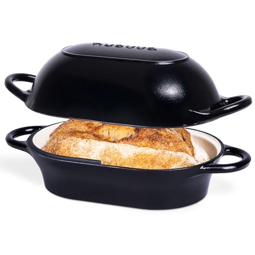 nuovva Dutch Oven For Sourdough Bread Baking – Enamelled Cast Iron Bread Loaf Pot – Oven Safe Non Stick Bread Pot – Rectangular, Black, 24cm x 16cm
