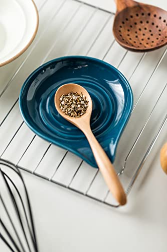 Image of LAUCHUH Spoon Rest, Ceramic Spoon Holder for Stove Top Ladle Holder for Kitchen Countertop Cooking Utensil Rest for Spatula, Tongs, Heat-Resistant Framhouse Decor, Blue, 5 Inches