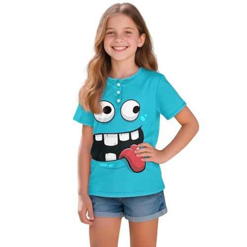 Girls Short Sleeve T-Shirt with Button Summer Breathable Waffle Casual Loose Fit Basic Tees for 2-16 Years