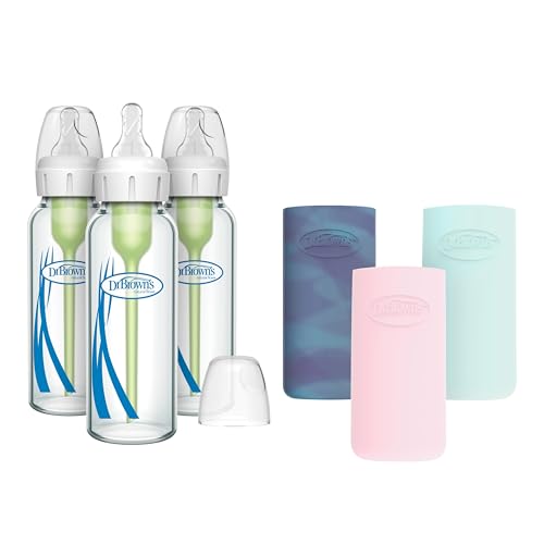 Image of Dr. Brown's Natural Flow Anti-Colic Options+ Narrow Glass Baby Bottle, 8 oz/250 mL, with Silicone Bottle Sleeve, 3 Pack, Glow/Pink/Mint