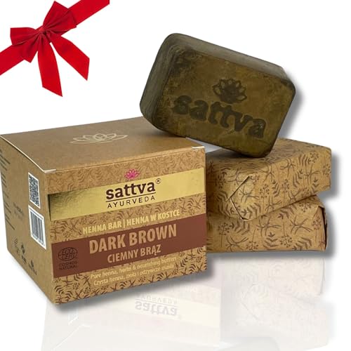 Sattva Ayurveda - Tinte de pelo natural en bloque de henna marrón oscuro - Fórmula revolucionaria con aceites, color de pelo ecológico ECOCERT - Regenerador vegetal color marrón - 3 bloques de 80 g