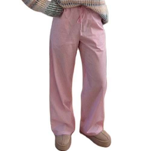 Nicoxijia Y2K Gestreifte Loungehose für Damen, weites Bein, lockere elastische Taille, kariert, Nadelstreifen, Hose zum Ausgehen, Streetwear, Gestreifte Leinenhose für Damen, rot, M