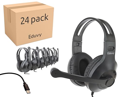 Eduvy Bulk Type C Headphones for Classroom with Microphone. Heavy-Duty School Pack Wired Headphones for Students with Rotating Boom Mic. Fits USB C Ports on laptops and Tablets. (24 Pack Black)