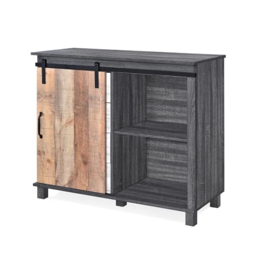 Image of Driftwood Engineered Wood Storage Cabinet | Industrial Cabinet with 4 Drawers, Sliding Door & Shelves | Multi-Purpose Organizer for Living Room, Bedroom & Office | Grey & Rustic Oak Finish