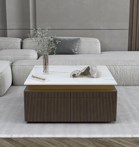Image of Luxury Marble-Top Wooden Center Table for Living Room | Louvers | Modern Entryway Furniture | Coffee Table (36 inchX36 inchX17 inch)