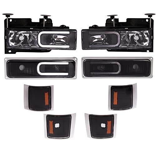 Image of TRQ 8 Piece Front Light Set Lower Marker Lights Parking Lights Upper Reflectors Set LED C Light Bar Driver & Passenger Side Compatible with Chevrolet Tahoe C1500 C2500 C3500 K1500 K2500 K3500 94-99