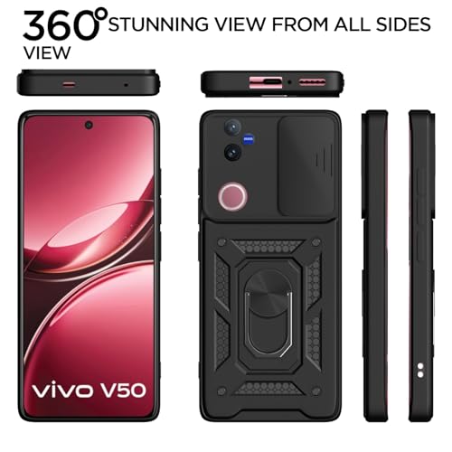 Image of Outlouders Back Cover for Vivo V50 5G | D10 Tough Armor 360 Protection Case with Sliding Camera Shield & Ring Holder Stand Bumper Case (Black)