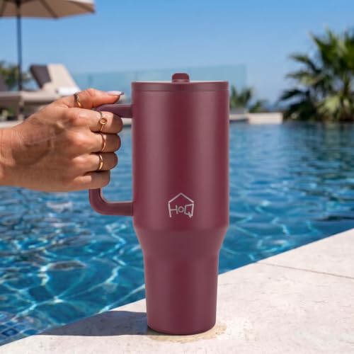 Image of House of Quirk 1200ML Tumbler with Handle & Simple Flip Straw - Car Cup Holder Friendly, Leak Resistant Stainless Steel Water Bottle with Rubber Base (Merlot)