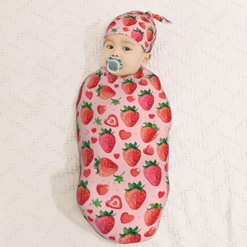 Image of Strawberries and Red Hearts Newborn Swaddle Blankets Hat Sets Soft Baby Receiving Blanket Swaddle Sack for Baby Shower Infant Boy Girl Gift