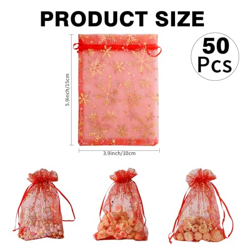 Image of Snowflake Organza Bags, 50 PCS Christmas Sheer Organza Bags with Drawstring 4 x 6 inch, Jewelry Gift Bag, Red Small Mesh Goodies Xmas Wedding Favor Mini Candy Pouches Bag for Christmas Party Favors
