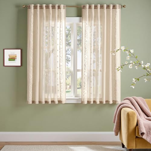 Image of jinchan Winslow Sheer Curtains 63 Inch Length for Dorm Bedroom Bordered Floral Pattern Decorations Short Curtains Light Filtering Window Treatments, 50W x 63L, Ivory on Beige, 2 Panels