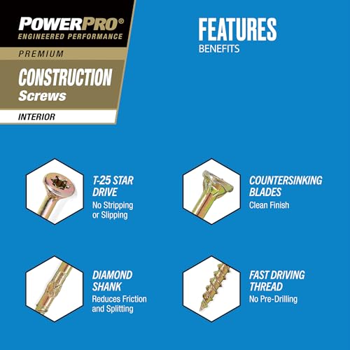 Power Pro 48881 Tornillos para madera, tamaño 9 x 3 pulgadas, Premium Star Drive para gabinetes interiores, Zinc amarillo dorado, 1000 piezas miniatura 2