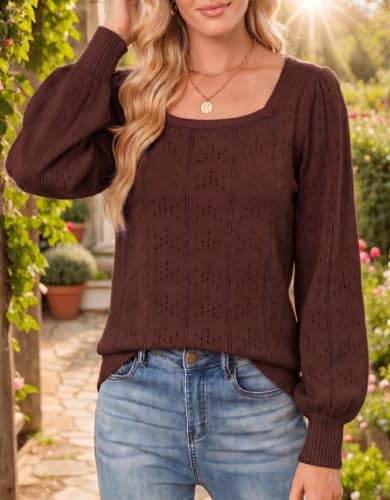 Image of HOTOUCH Sweaters for Women 2026 Fall Trendy Tops Casual Puff Sleeve Square Neck Cute Tunic Pullover Blouses XS-XXL