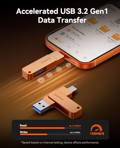 Image of ORICO USB 3.0 Flash Drive 150MB /S Metal Housing Swivel Design Support OTG Function 2 in 1 PenDrive 64GB for USB C and USB A Devices -EB05 OR
