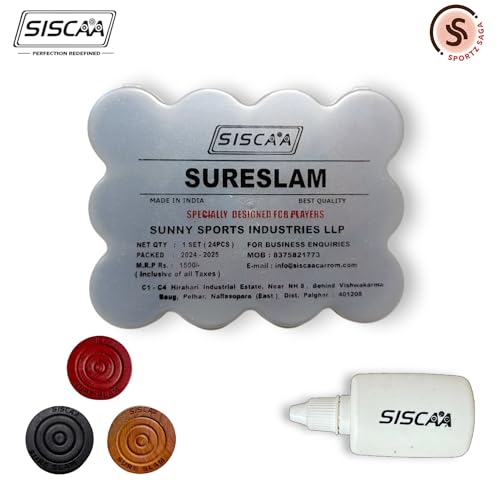 Image of Siscaa Sureslam Carrom Board Coins Set - 11 Black, 11 Yellow, 2 Red Coins - Includes Ultra 30 Grams Non-Toxic Powder - Ideal for Players and Tournaments