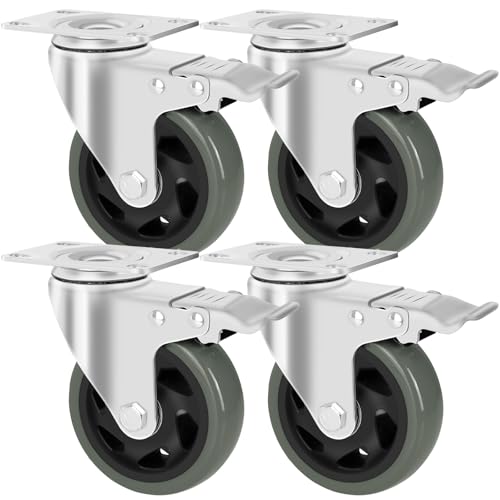 Set de 4 Ruedas Giratorias 100 mm con Freno – Ruedas para Cargas Pesadas, Capacidad 600 kg, Silenciosas y Sin Rayar, Ideales para Muebles, Mesas de Trabajo y Talleres, Gris