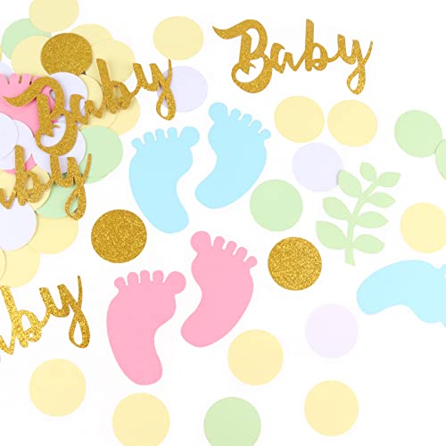 Fowecelt Babyparty Tischdeko Babyparty Konfetti: Babyfüße Punkte Blätter Papier Konfetti Salbeigrün Tischstreuer Konfetti Wald Baby Geschlecht offenbaren Dschungel für Babyparty Themenparty Cover