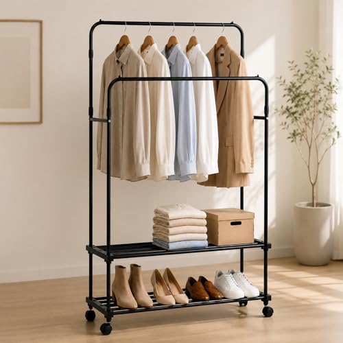 Image of LEOPAX Premium Double Pole Clothes Rail for Hanging Clothes, Heavy Duty Garment Rack with Bottom Shelves, Clothes Rack with Wheels for Dresses, Coats, Shirts - Black - 84 x 30 x 151cm