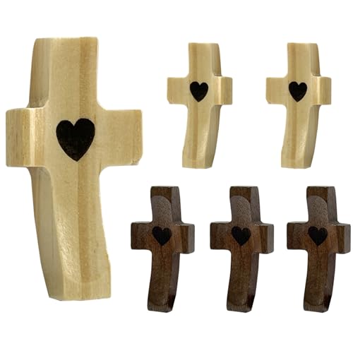 ZhongShuang 6 Stück Geschnitzte Holzkreuz Mit Herzen, Klein Holzkreuz,Handschmeichler Kreuz Aus Naturholz, Handgeschnitztes Liebeskreuz Aus Holz Mit Herzen Für Andachtsgebete Taufe Kommunion