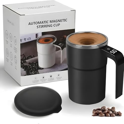 ADKBO Electric Magnetic Self Stirring Mug with Lid, Automatic Stirring Cup with Digital Display, Rechargeable Self-Mixing Mug for Coffee, Tea, Hot Chocolate (Black)