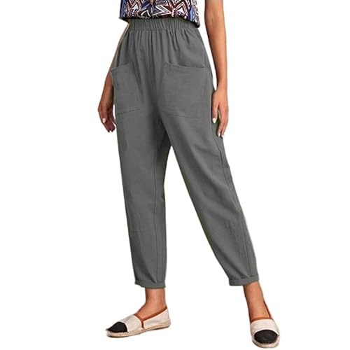 LOAIHA Flowy Baggy Elastic Waist Wide Leg Women 2023 Fashion Cotton Linen Cropped Pants Beach Yoga Capri Pants with Pockets Medium 2-Grey