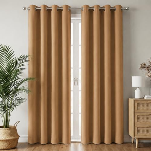 Image of 100% Blackout Window Curtains, 7 Feet, Solid Design, Faux Silk, Thermal Insulated, Noise Reducing Eyelet Door Curtain with Tie Back for Living Room & Bedroom, 115x210cm, Pack of 2 - Gold