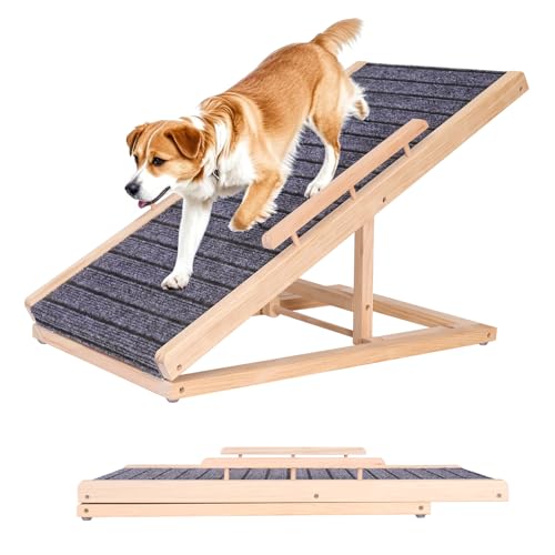 YJTREMFYXAdjustable Wooden pet ramp, Dog Climbing Ladder with Anti Slip Surface and guardrail, Foldable Dog ramp Suitable for Indoor use