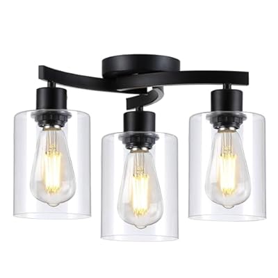 3WWWUEE 3-Light Semi Flush Mount Ceiling Light, Modern Close to Ceiling Light Fixtures with Clear Glass Shades, Black Light Fixture for Kitchen, Dining Room, Hallway, Entryway, Foyer